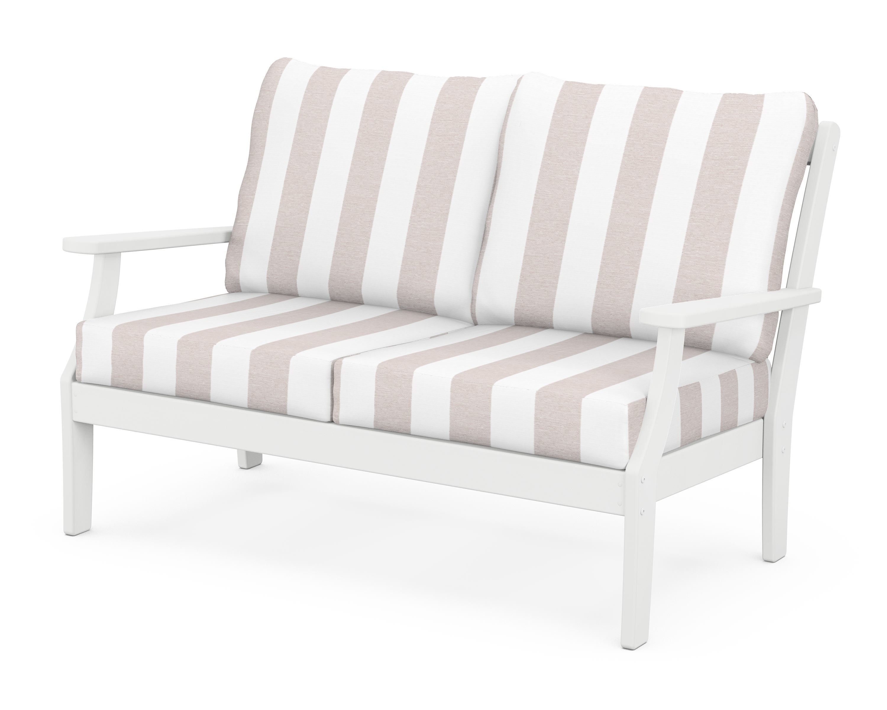 POLYWOOD® Braxton Deep Seating Loveseat in White / Cabana Stripe Dune Burlap