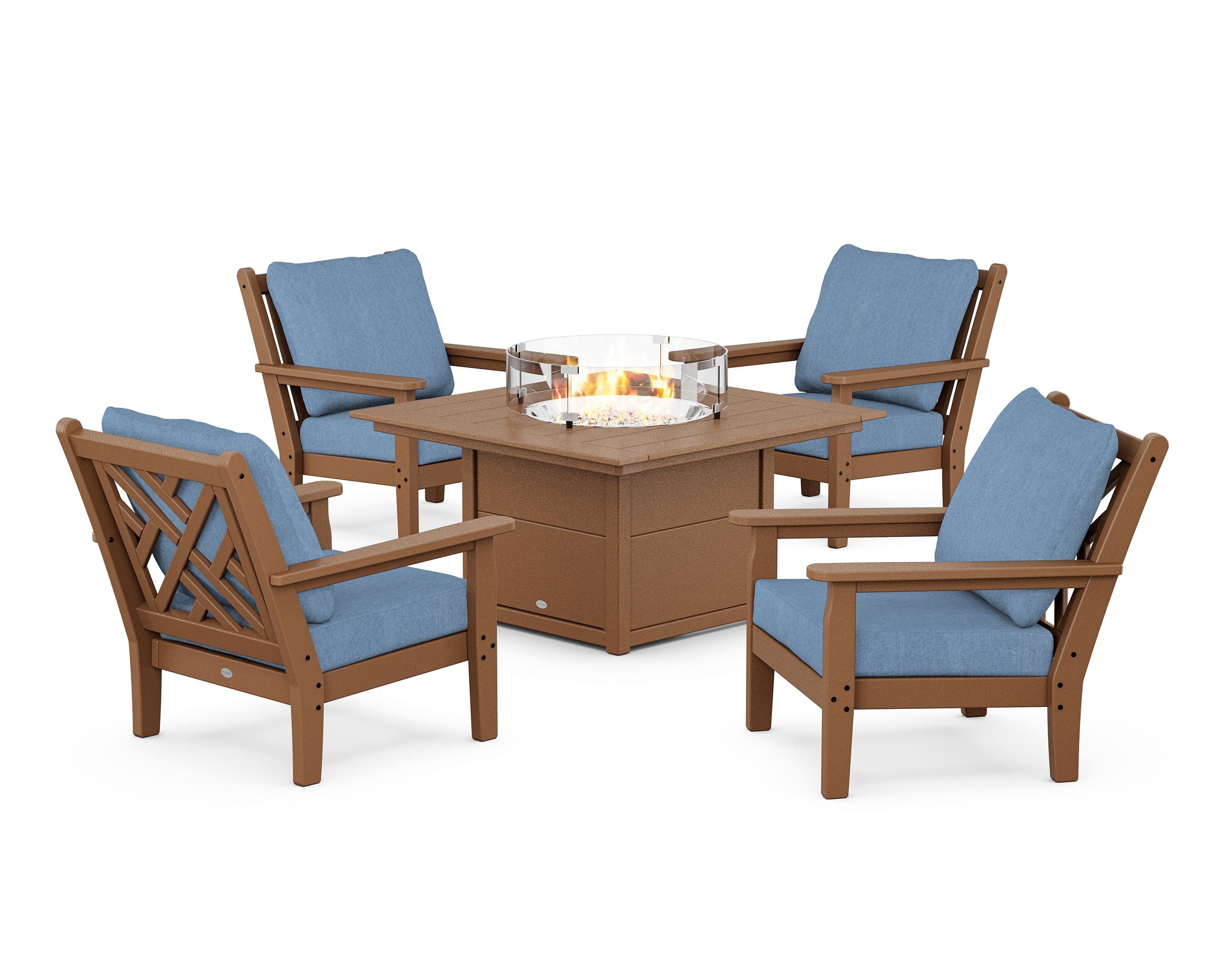 POLYWOOD® Chippendale 5-Piece Deep Seating Set with Fire Pit Table in Teak / Sky Blue