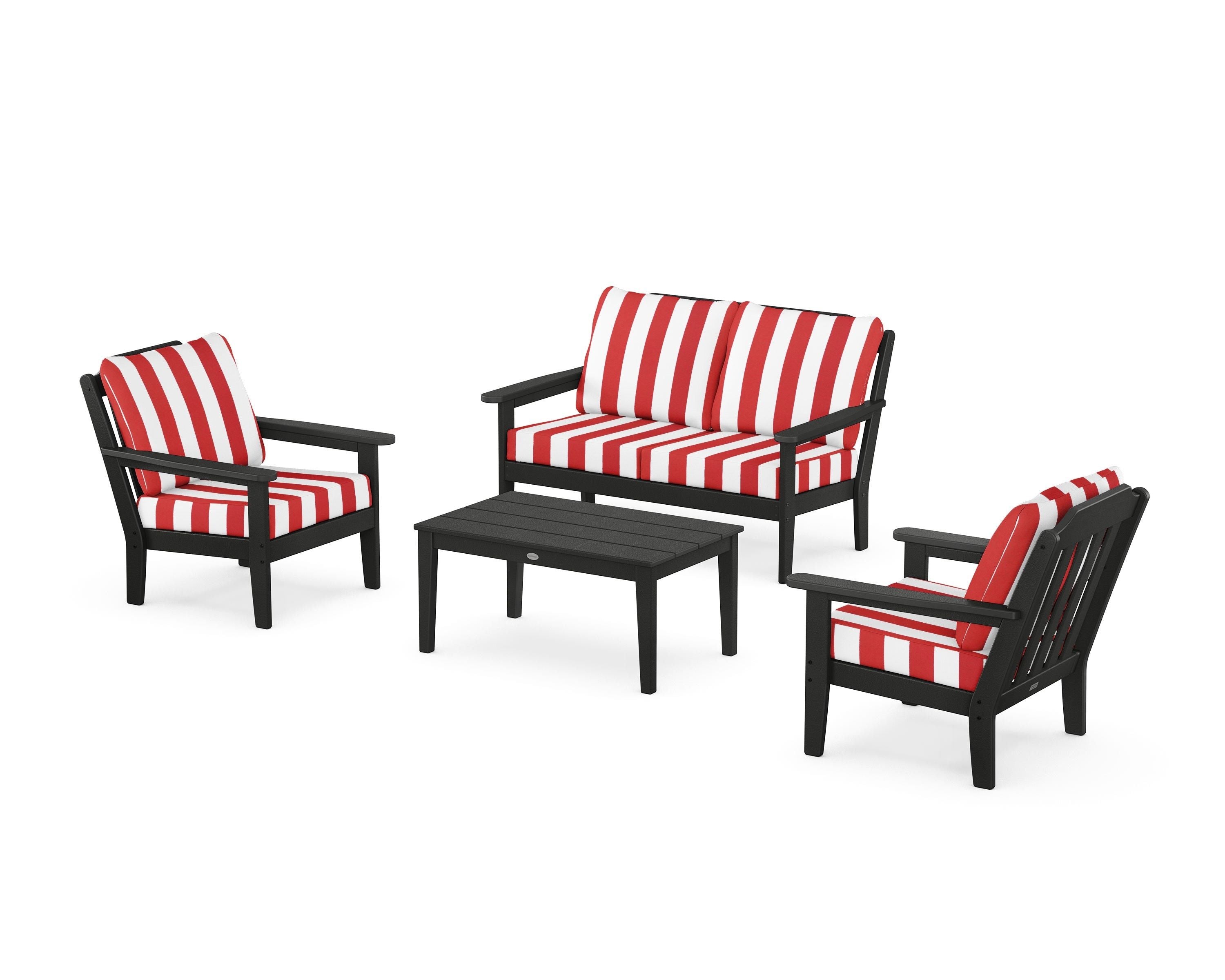 Country Living Cottage 4-Piece Deep Seating Set with Loveseat in Black / Cabana Stripe Crimson