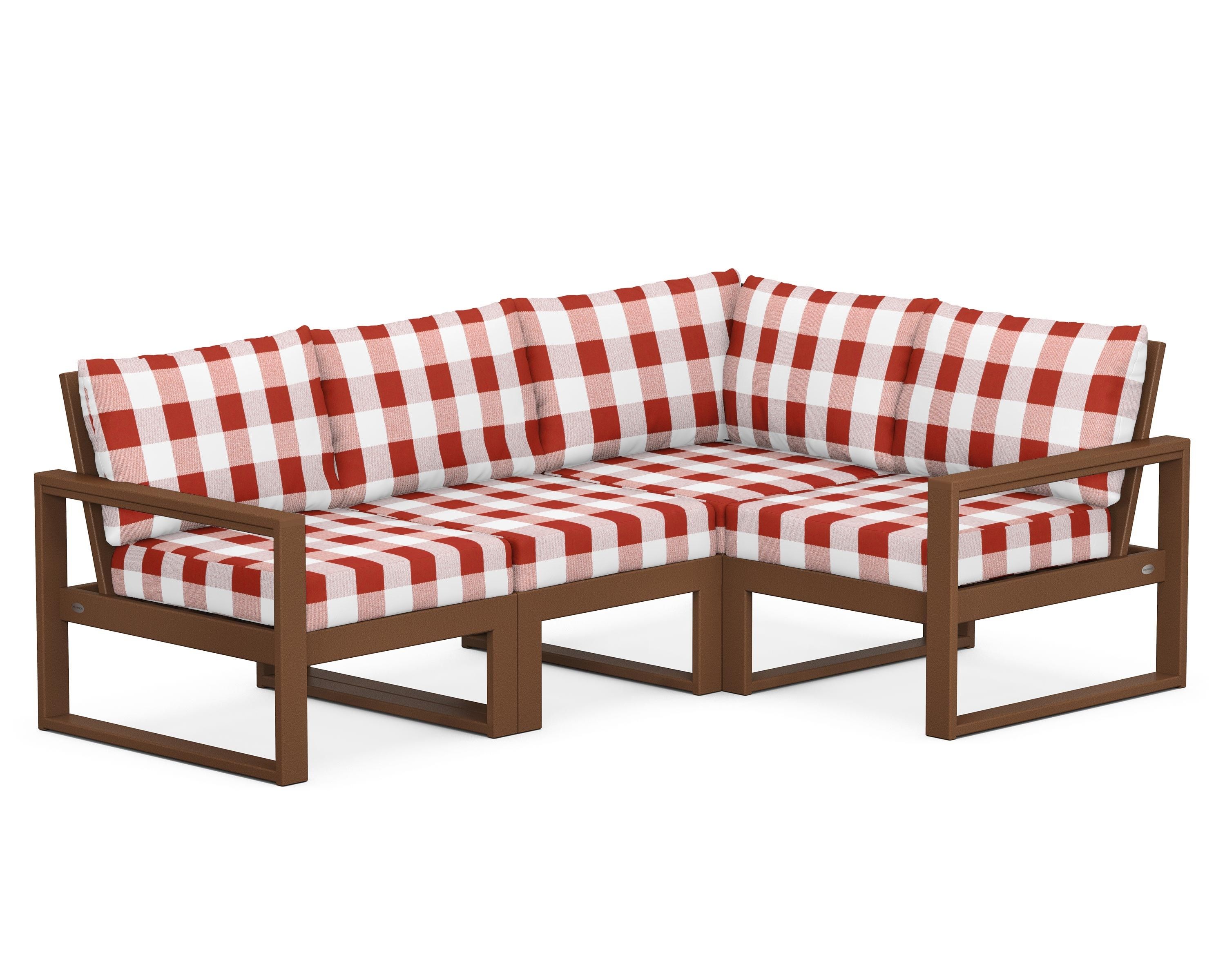 POLYWOOD® EDGE 4-Piece Modular Deep Seating Set in Teak / Buffalo Plaid Crimson