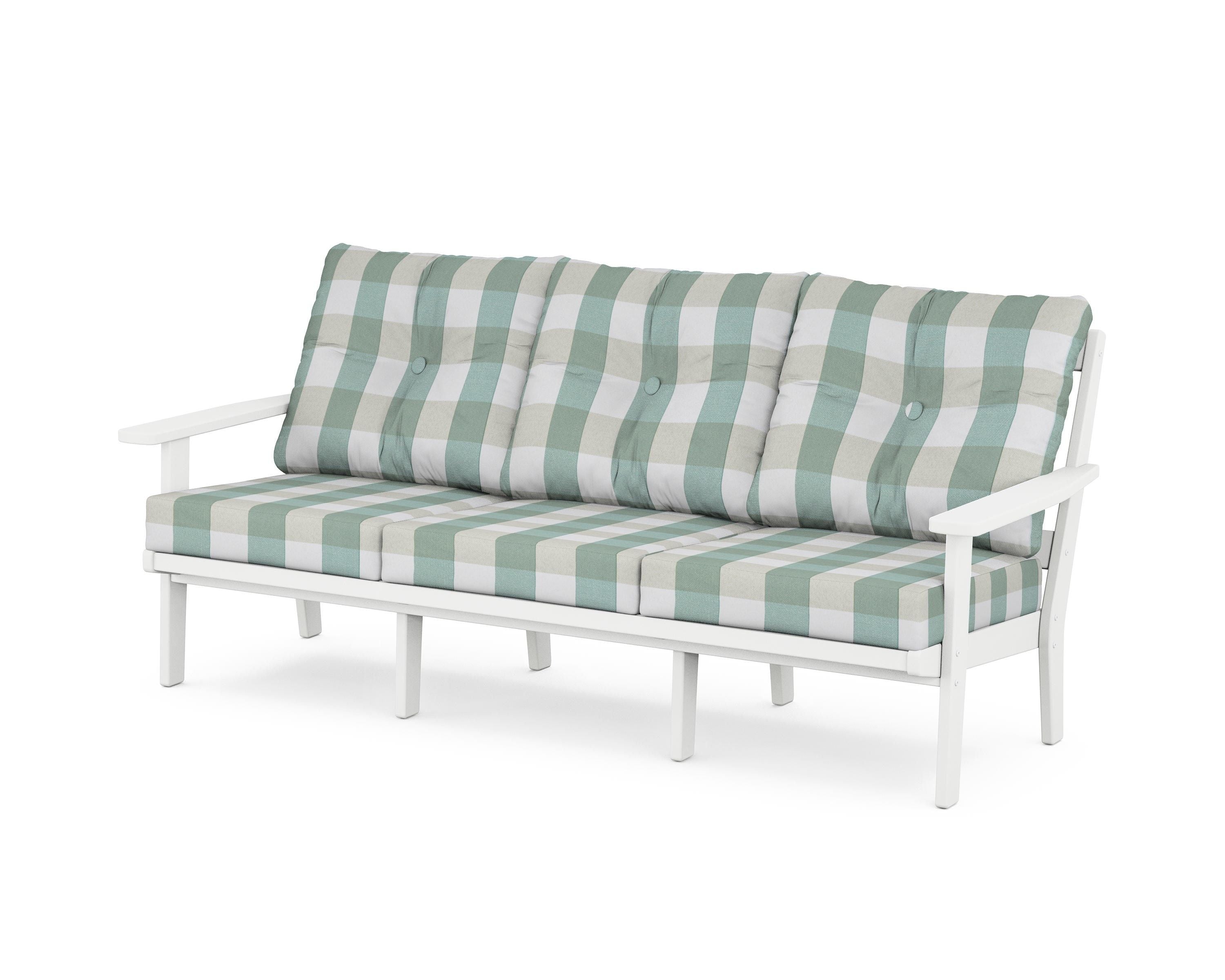 POLYWOOD® Oxford Deep Seating Sofa in White / Buffalo Plaid Glacier Spa