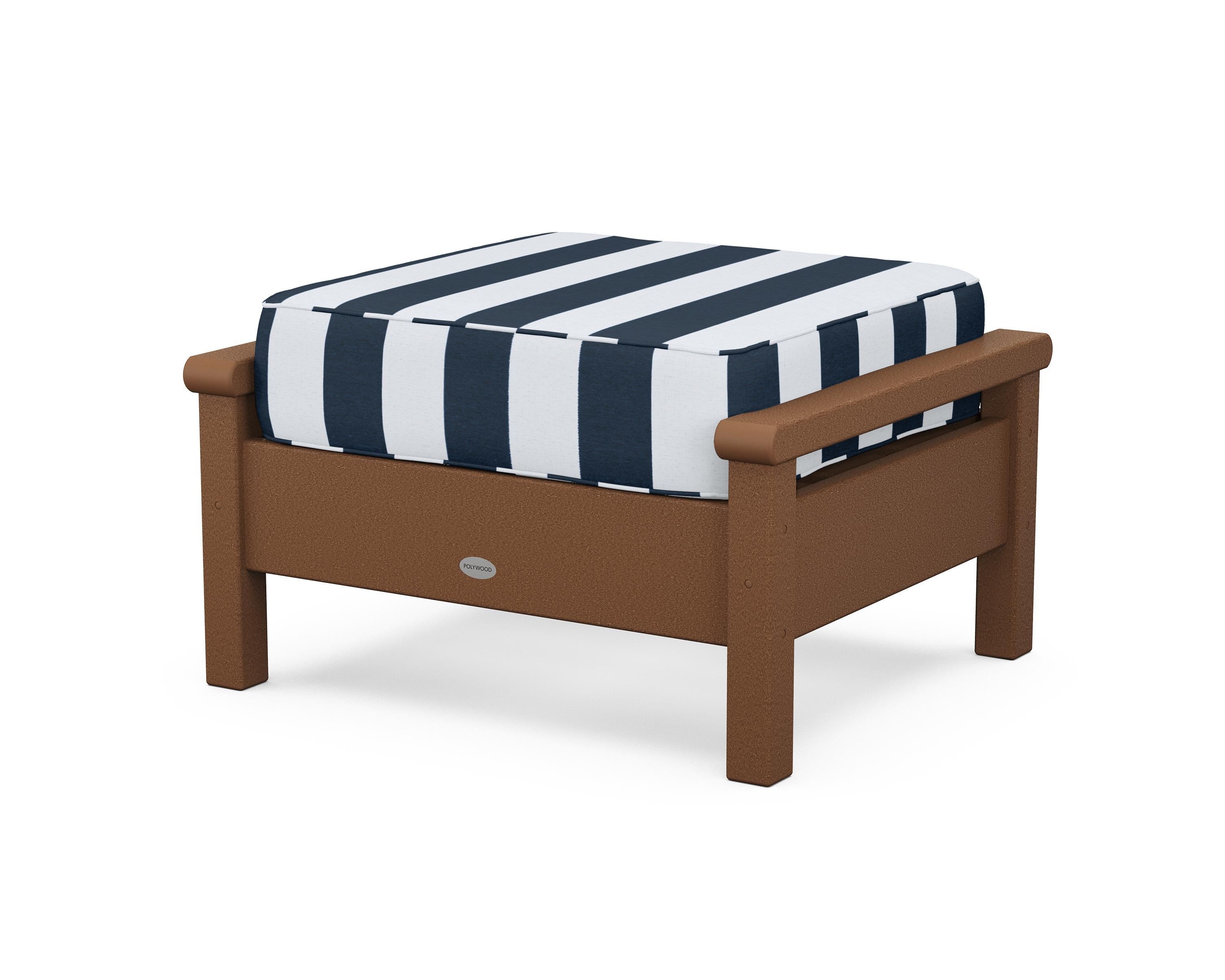POLYWOOD® Harbour Deep Seating Ottoman in Teak / Cabana Stripe Marine Indigo