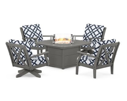 POLYWOOD® Braxton 5-Piece Deep Seating Set with Fire Table in Slate Grey / Trellis Marine Indigo