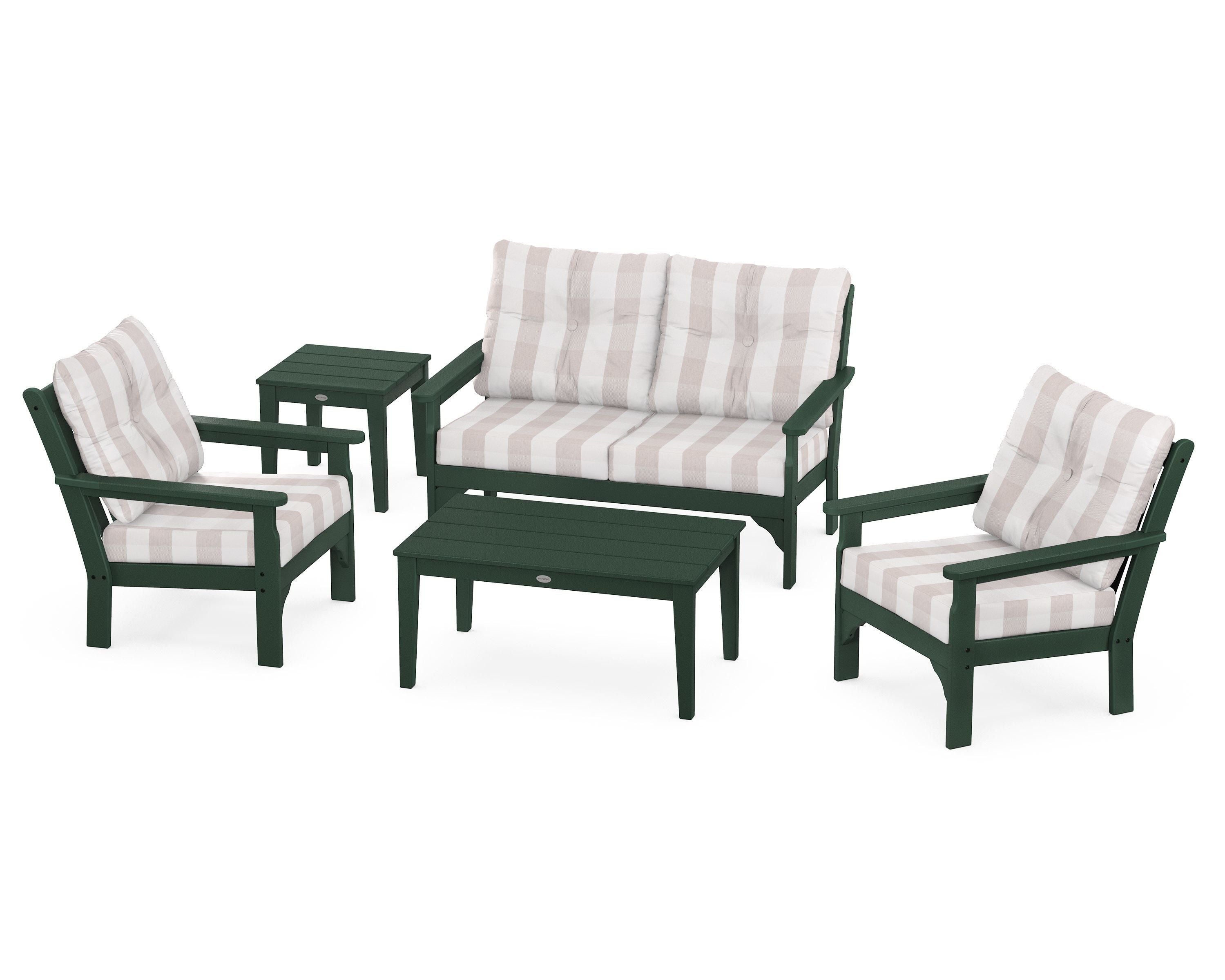 POLYWOOD® Vineyard 5-Piece Deep Seating Set in Green / Buffalo Plaid Dune Burlap