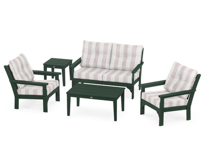 POLYWOOD® Vineyard 5-Piece Deep Seating Set in Green / Buffalo Plaid Dune Burlap