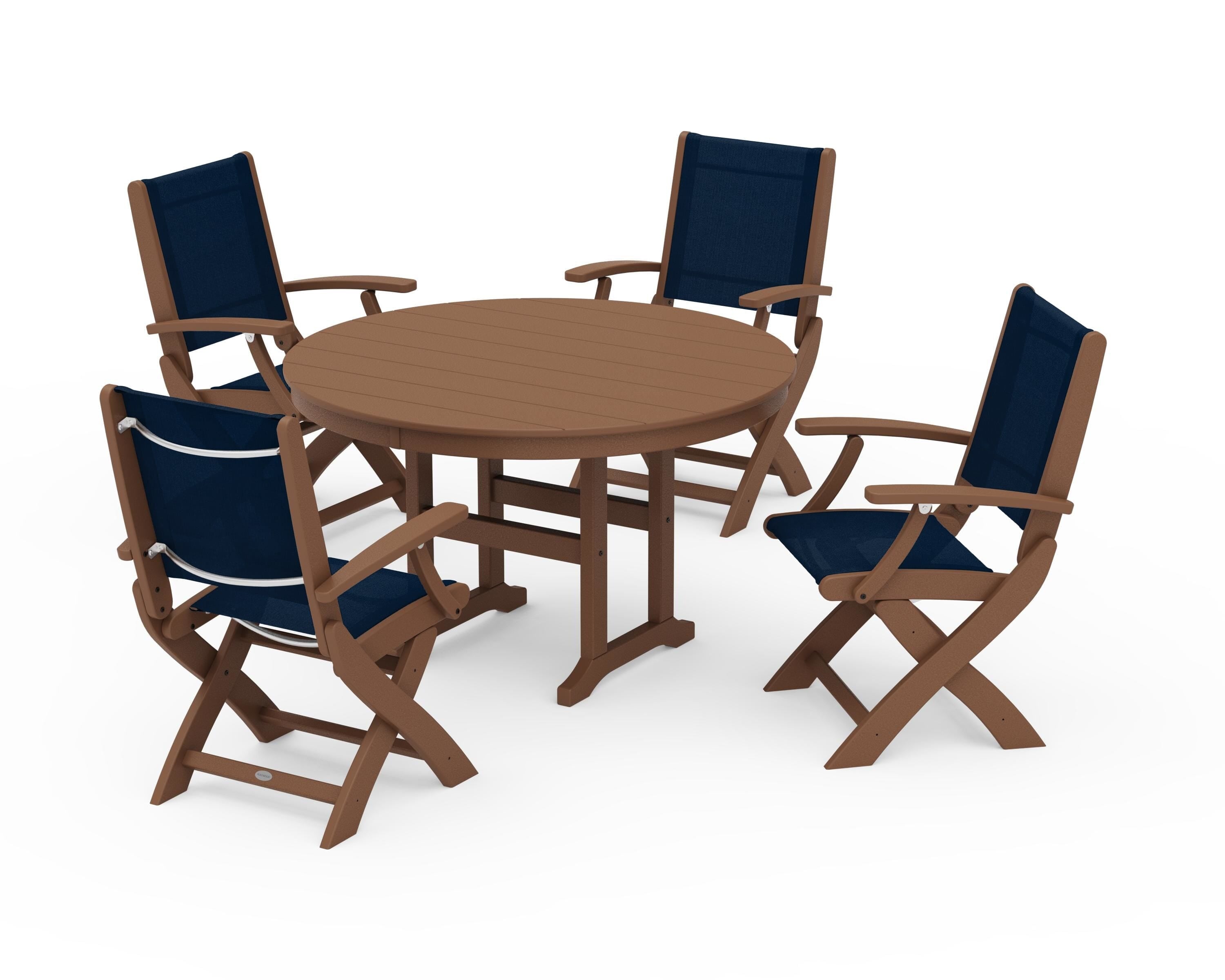 POLYWOOD® Coastal Folding Chair 5-Piece Round Dining Set in Teak / Navy Blue Sling
