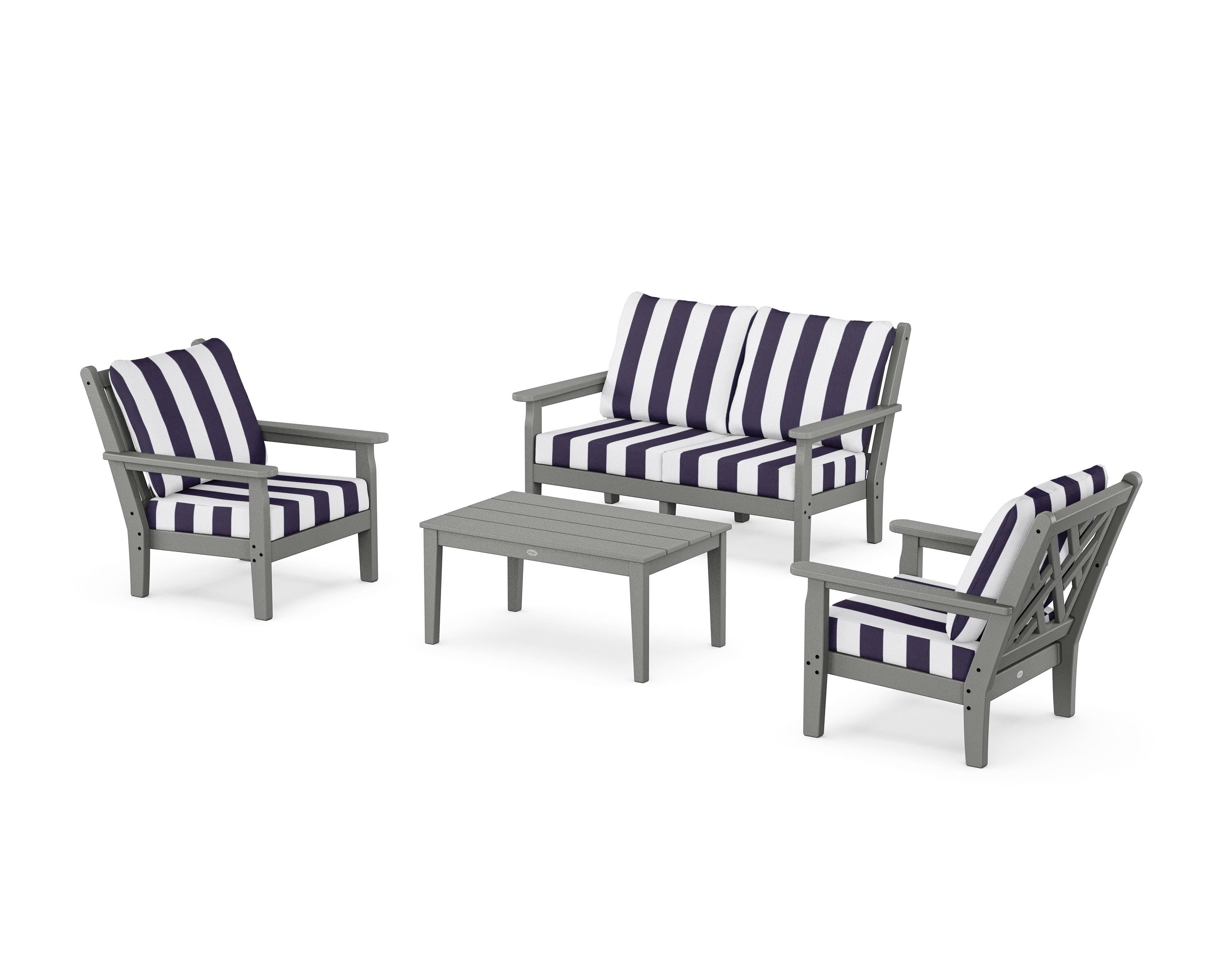 POLYWOOD® Chippendale 4-Piece Deep Seating Set with Loveseat in Slate Grey / Cabana Stripe Navy