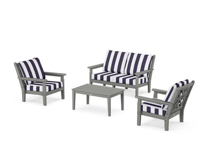 POLYWOOD® Chippendale 4-Piece Deep Seating Set with Loveseat in Slate Grey / Cabana Stripe Navy