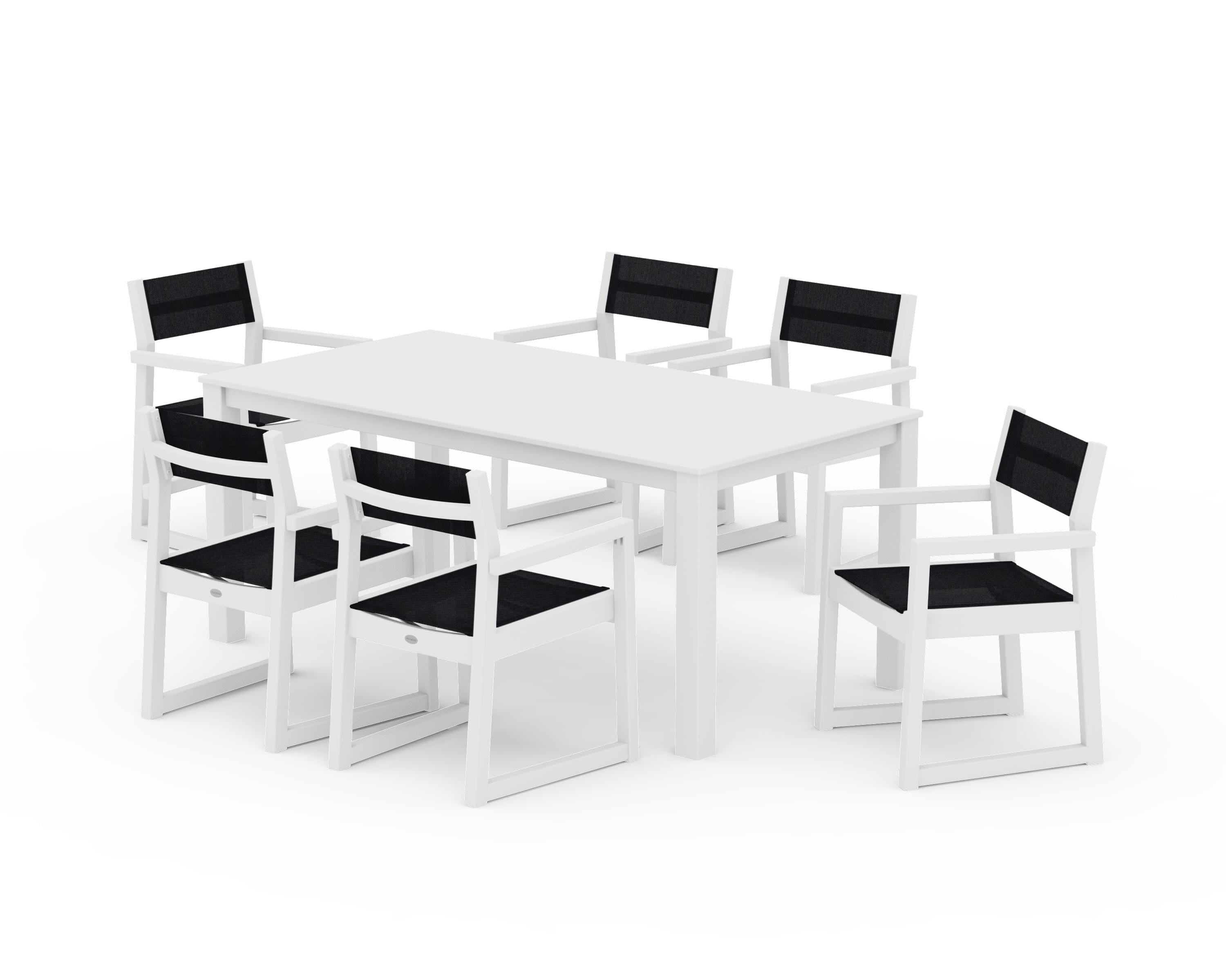 POLYWOOD® EDGE Sling Arm Chair 7-Piece Parsons Dining Set in White / Black Sling