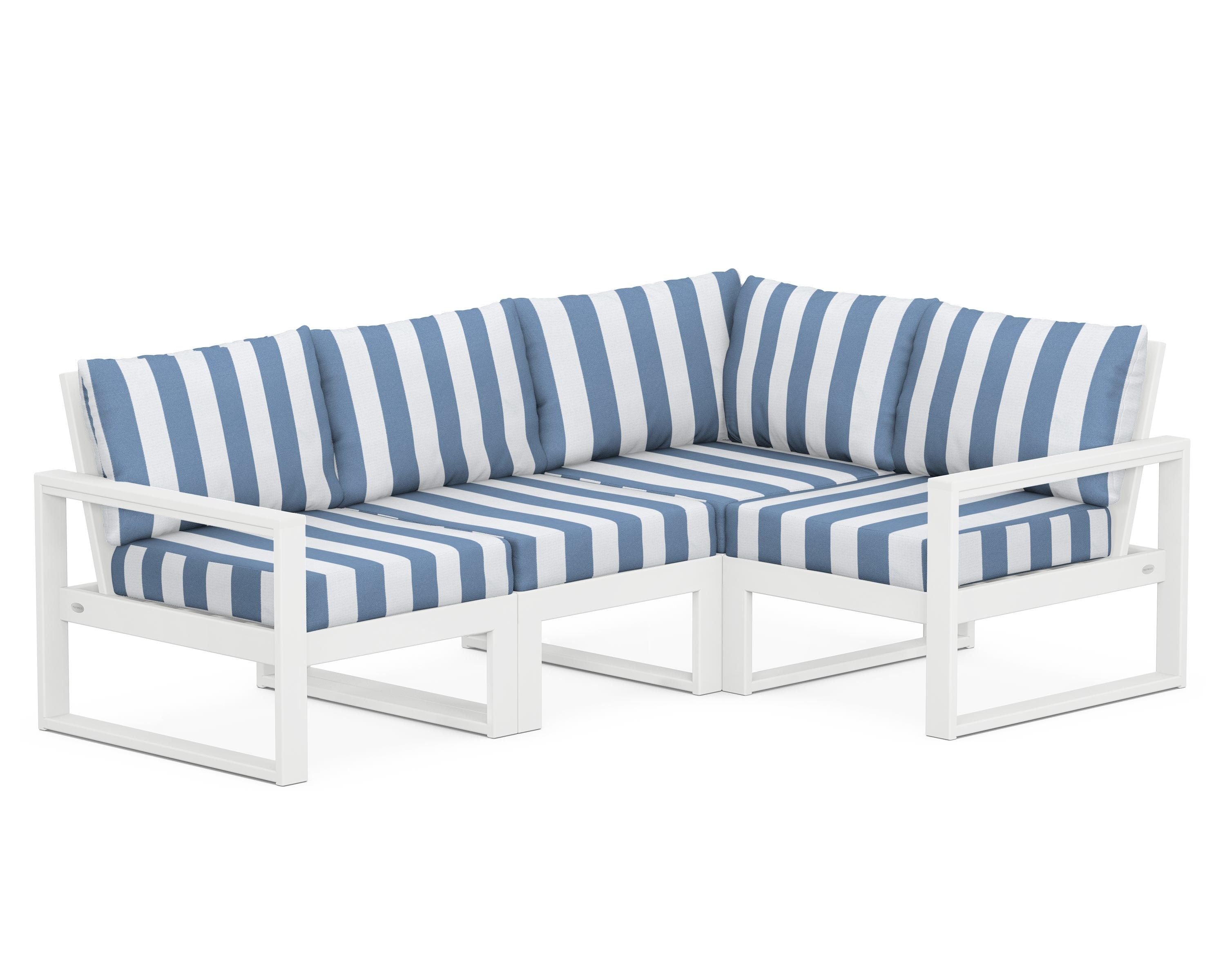 POLYWOOD® EDGE 4-Piece Modular Deep Seating Set in White / Cabana Stripe Sky Blue