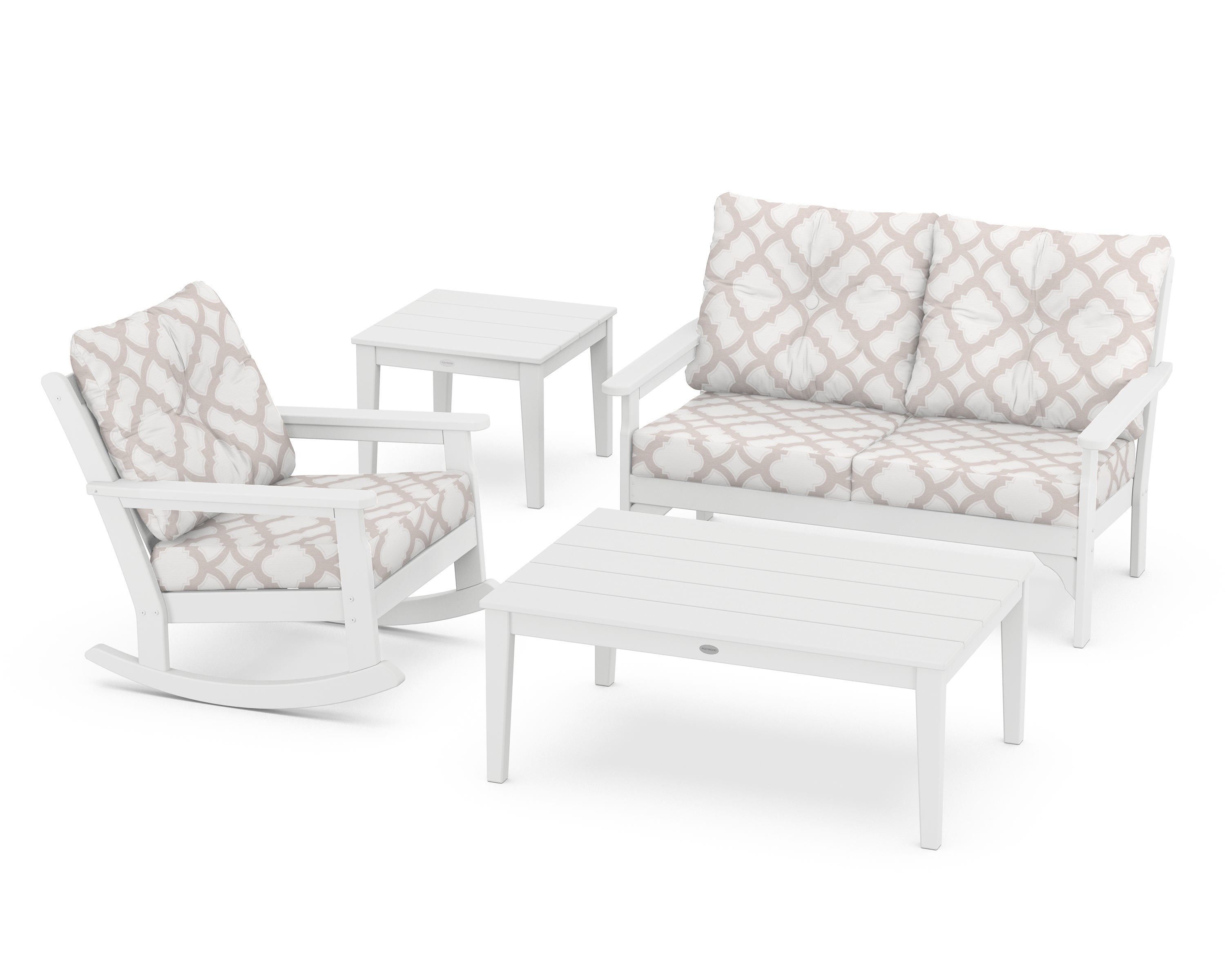 POLYWOOD® Vineyard 4-Piece Deep Seating Rocker Set in White / Trellis Dune Burlap