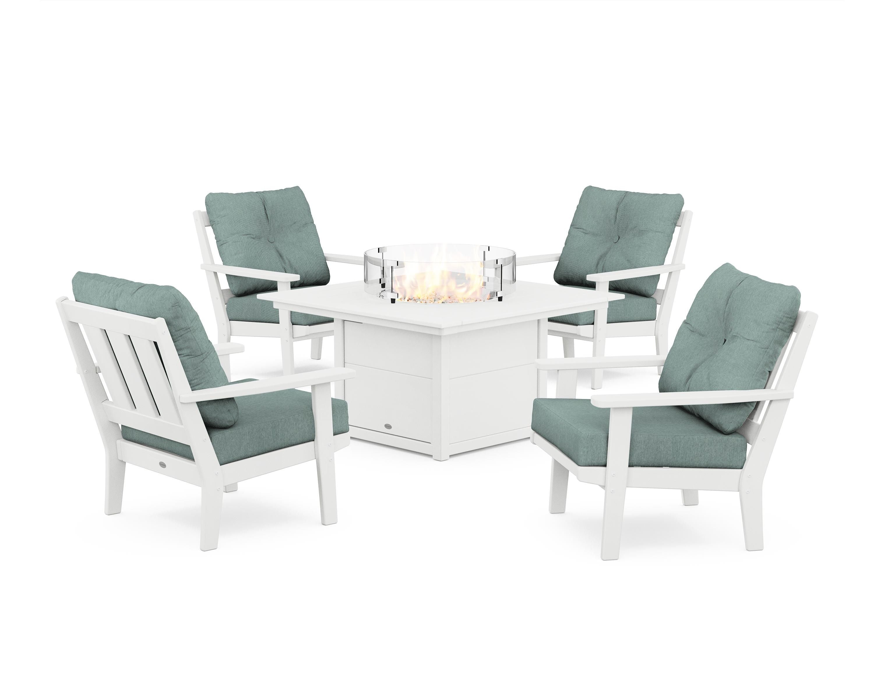 POLYWOOD® Oxford 5-Piece Deep Seating Set with Fire Pit Table in White / Glacier Spa