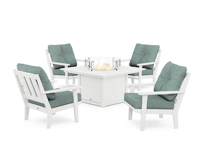 POLYWOOD® Oxford 5-Piece Deep Seating Set with Fire Pit Table in White / Glacier Spa