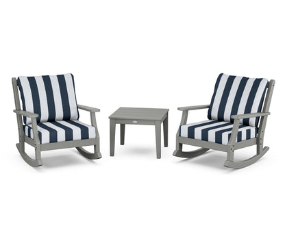 Country Living Wovendale 3-Piece Deep Seating Rocker Set in Slate Grey / Cabana Stripe Marine Indigo