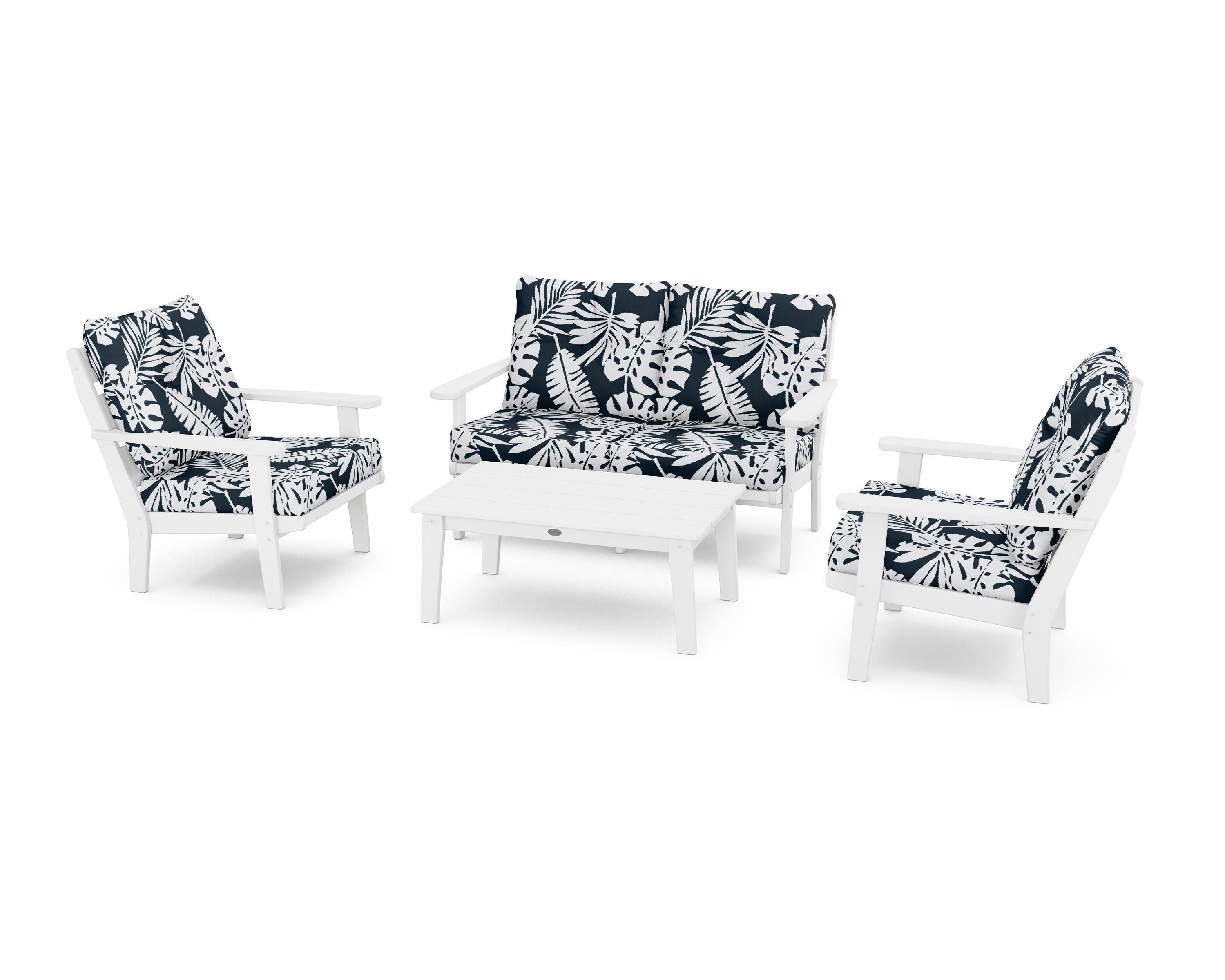 POLYWOOD® Lakeside 4-Piece Deep Seating Set in White / Leaf Marine Indigo