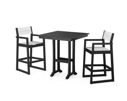 POLYWOOD® EDGE Sling Arm Chair 3-Piece Farmhouse Bar Set with Trestle Legs in Black / White Sling