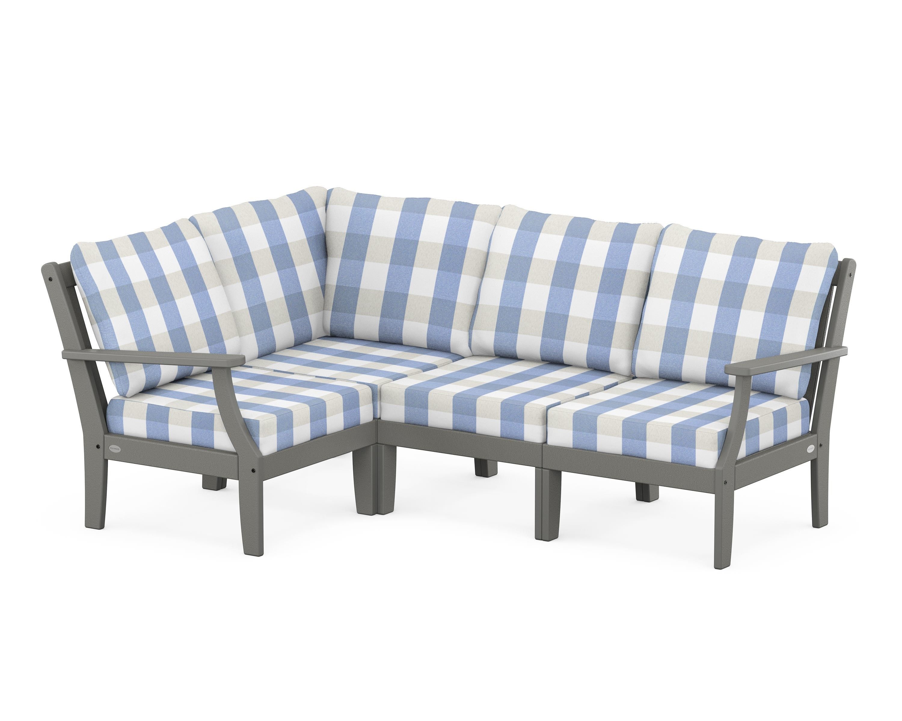 POLYWOOD® Braxton Modular 4-Piece Deep Seating Set in Slate Grey / Buffalo Plaid Sky Blue