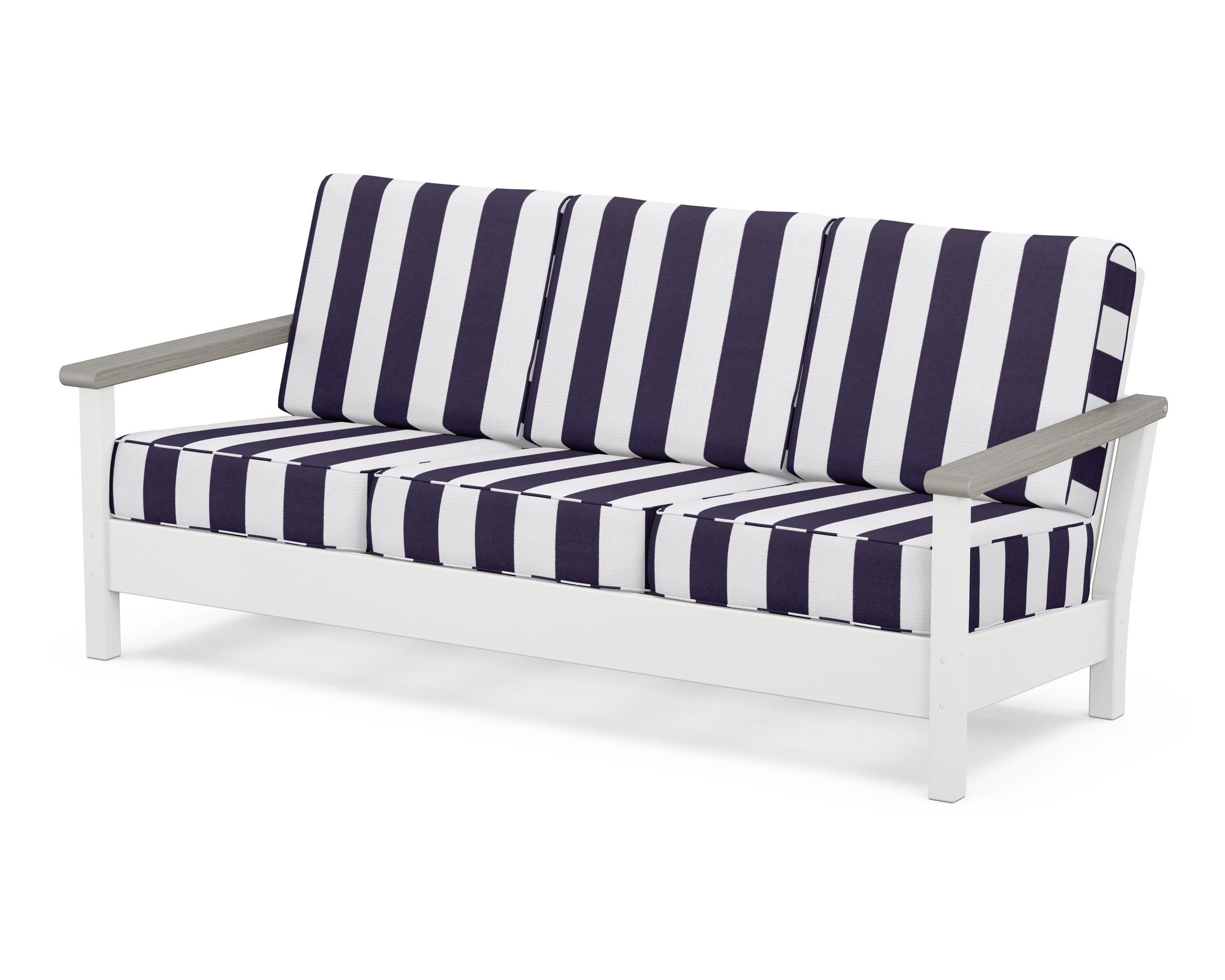 POLYWOOD® Harbour Deep Seating Sofa in White / Driftwood / Cabana Stripe Navy