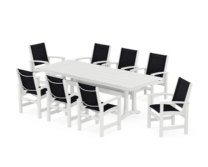 POLYWOOD® Coastal 9-Piece Farmhouse Dining Set with Trestle Legs in White / Black Sling