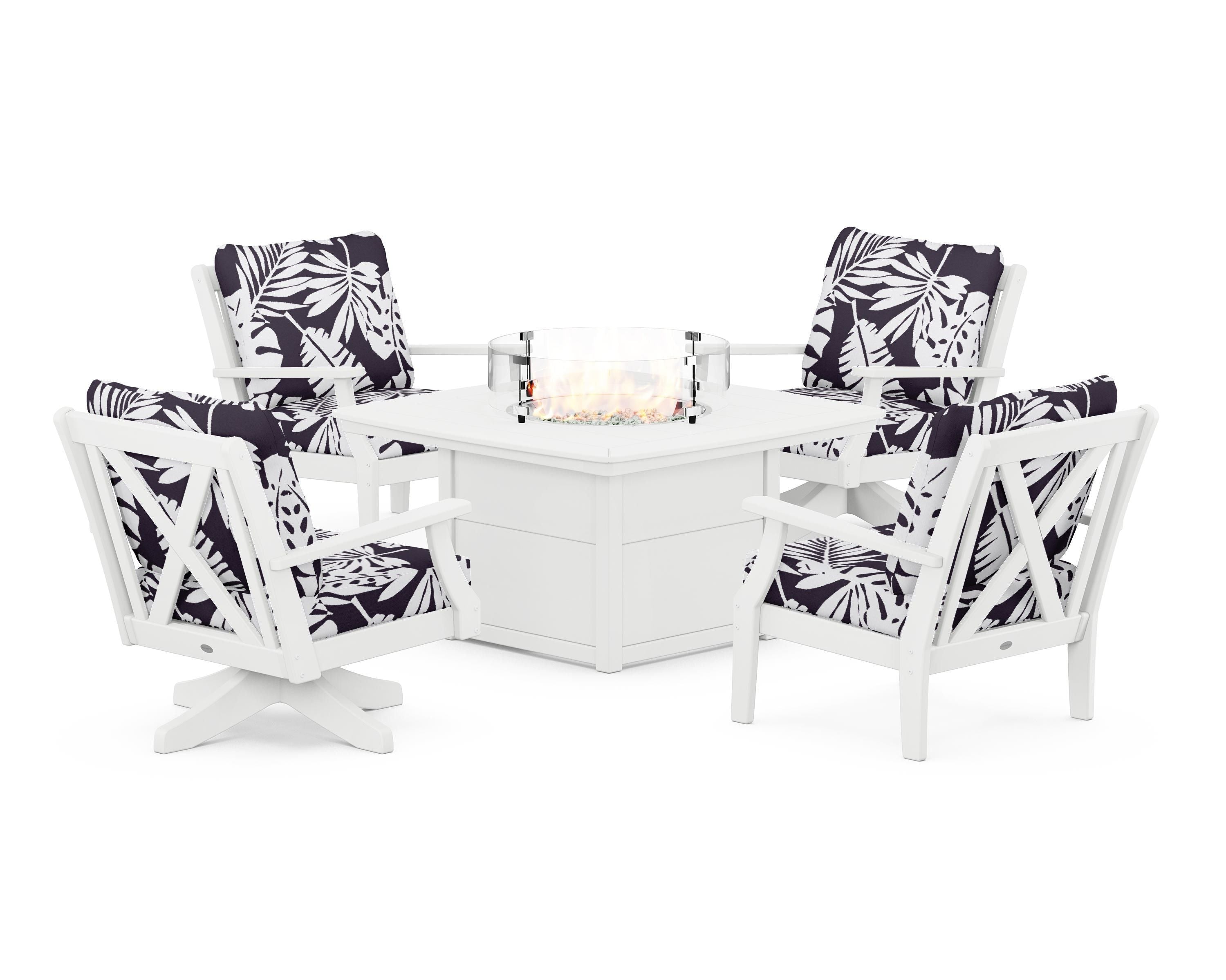 POLYWOOD® Braxton 5-Piece Deep Seating Set with Fire Table in White / Leaf Navy