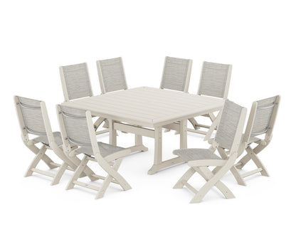 POLYWOOD® Coastal Folding Side Chair 9-Piece Dining Set with Trestle Legs in Sand / Birch Sling