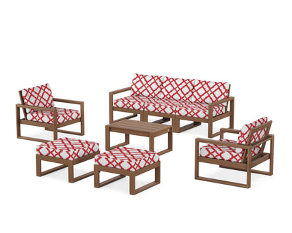 POLYWOOD® EDGE Sectional 8-Piece Lounge Sofa Set in Teak / Trellis Crimson