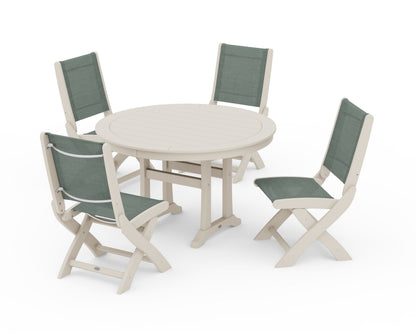 POLYWOOD® Coastal Folding Side Chair 5-Piece Round Dining Set With Trestle Legs in Sand / Dupioni Sea Mist Sling