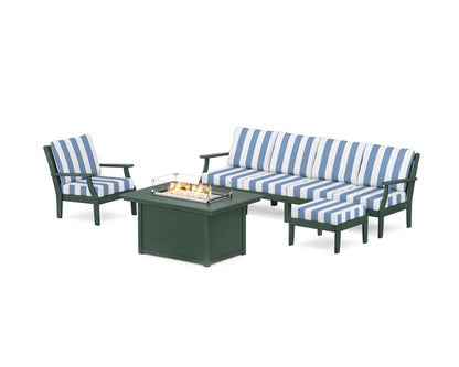 POLYWOOD® Braxton Sectional Lounge and Fire Pit Set in Green / Cabana Stripe Sky Blue