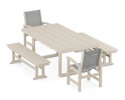 POLYWOOD® Coastal 5-Piece Dining Set with Trestle Legs in Sand / Metallic Sling