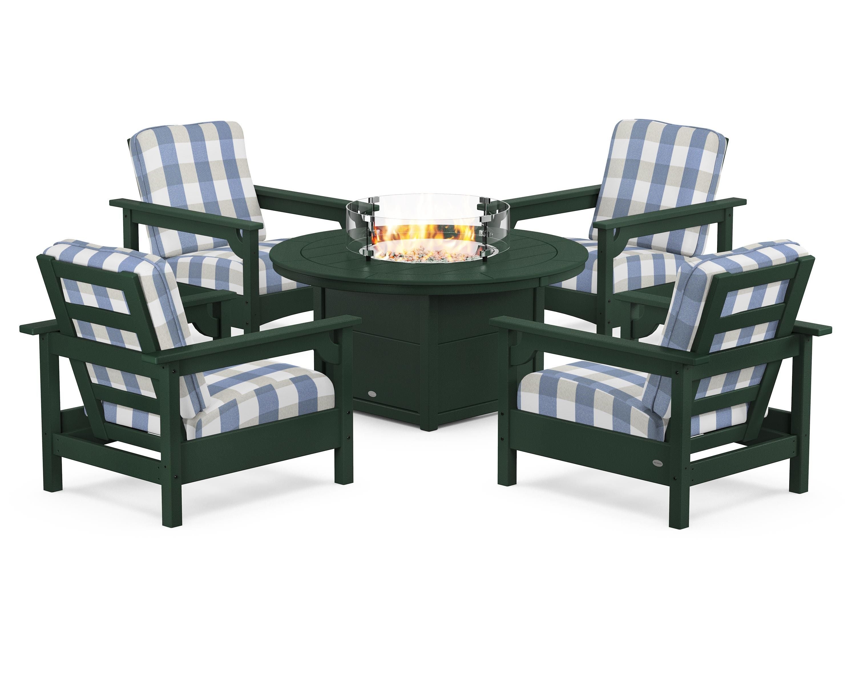 POLYWOOD® Club 5-Piece Conversation Set with Fire Pit Table in Green / Buffalo Plaid Sky Blue