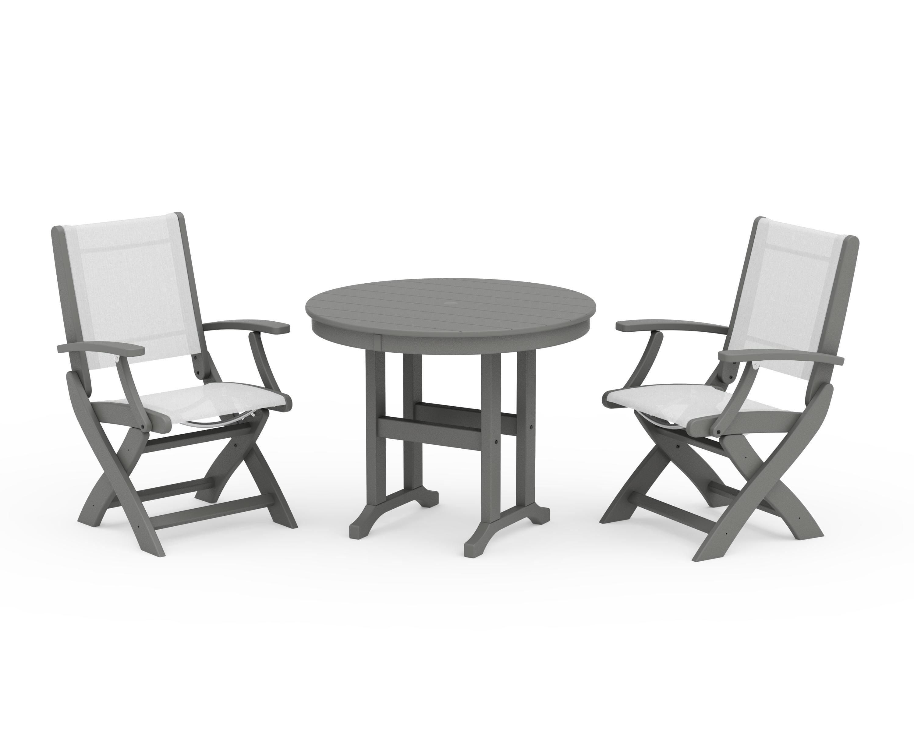 POLYWOOD® Coastal Folding Chair 3-Piece Round Dining Set in Slate Grey / White Sling