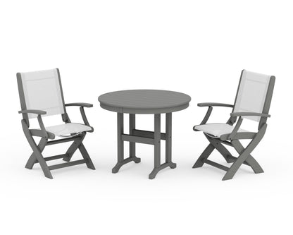 POLYWOOD® Coastal Folding Chair 3-Piece Round Dining Set in Slate Grey / White Sling