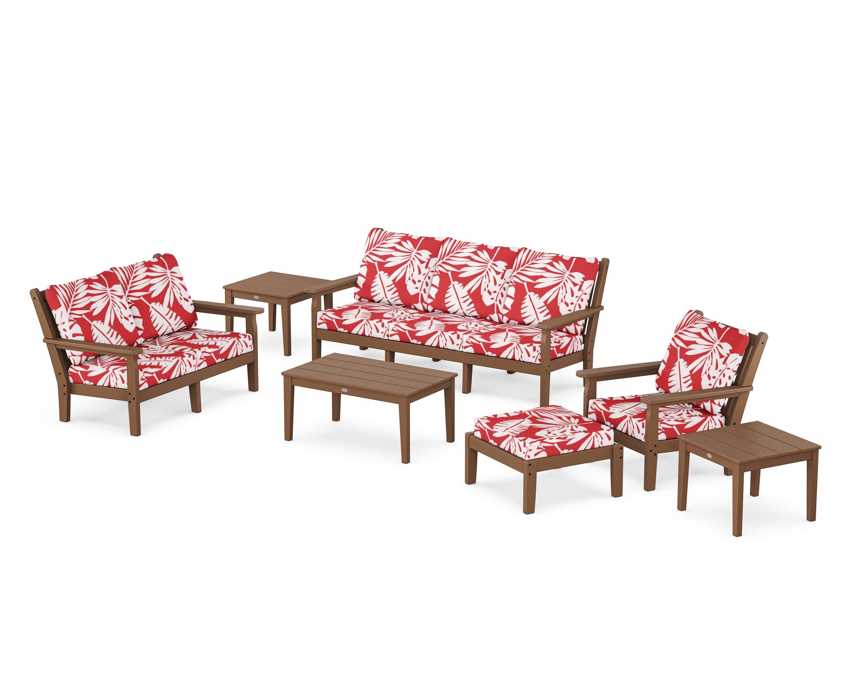 POLYWOOD® Chippendale 7-Piece Deep Seating Set in Teak / Leaf Crimson