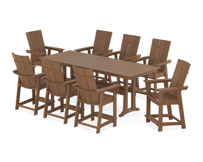 POLYWOOD® Modern Curveback Adirondack 9-Piece Farmhouse Counter Set with Trestle Legs in Teak