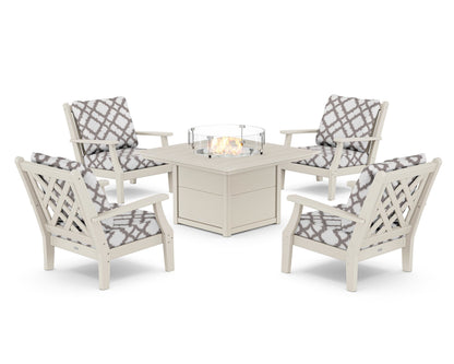 Country Living Wovendale 5-Piece Deep Seating Set with Fire Pit Table in Sand / Trellis Grey Mist