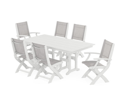 POLYWOOD® Coastal Folding Chair 7-Piece Farmhouse Dining Set in White / Parchment Sling