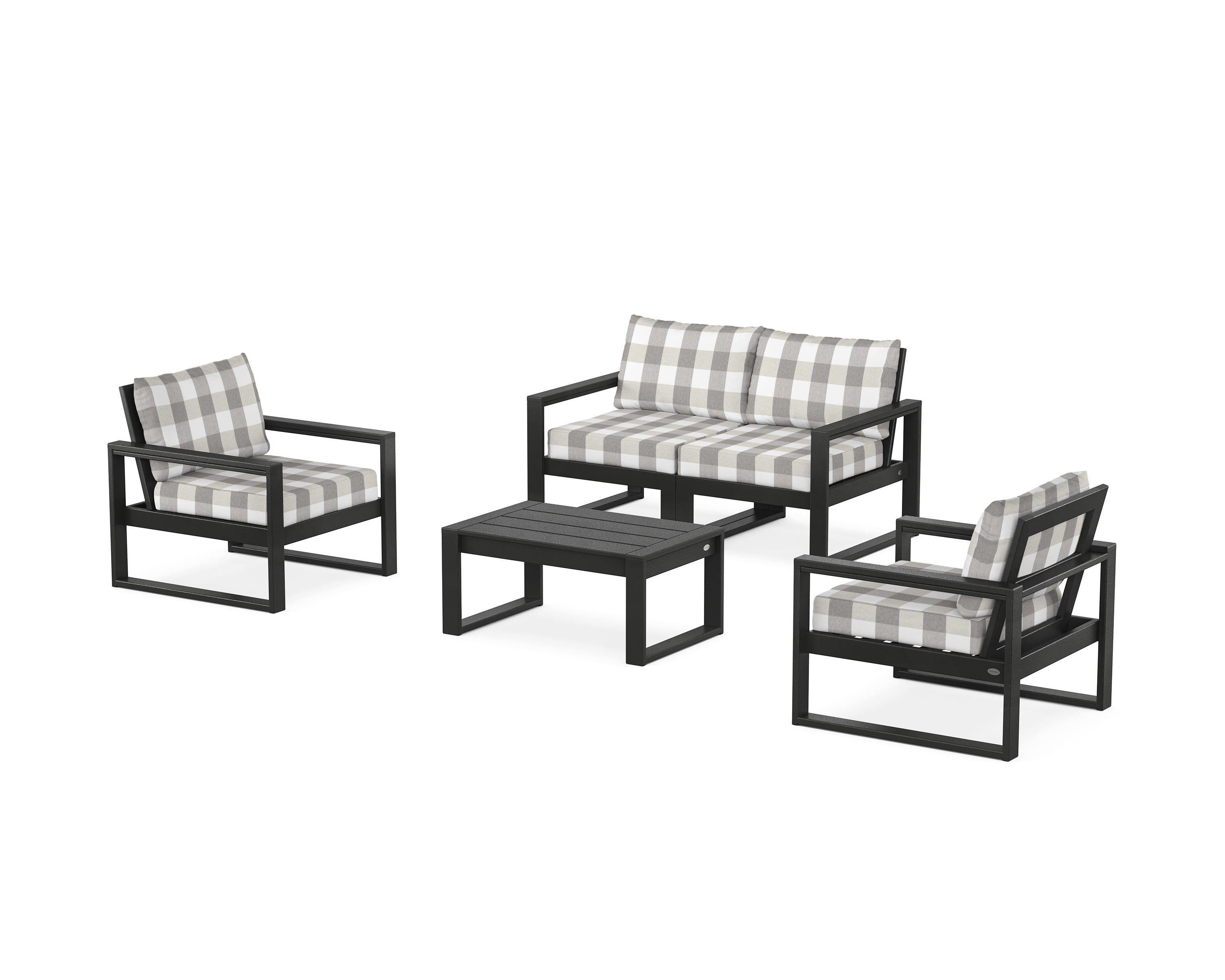 POLYWOOD® EDGE Sectional 4-Piece Deep Seating Set with Loveseat in Black / Buffalo Plaid Grey Mist
