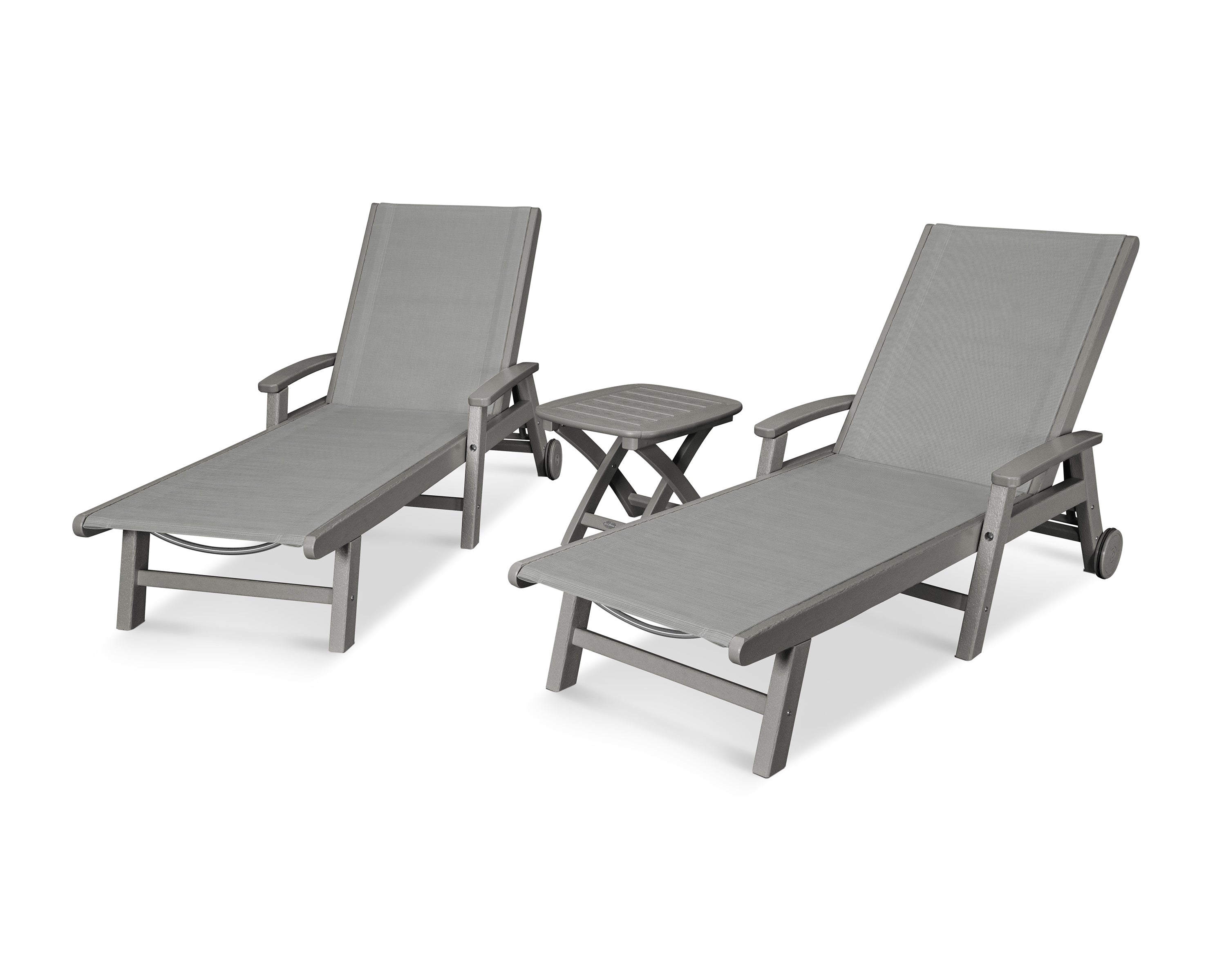 POLYWOOD® Coastal 3-Piece Wheeled Chaise Set in Slate Grey / Metallic Sling