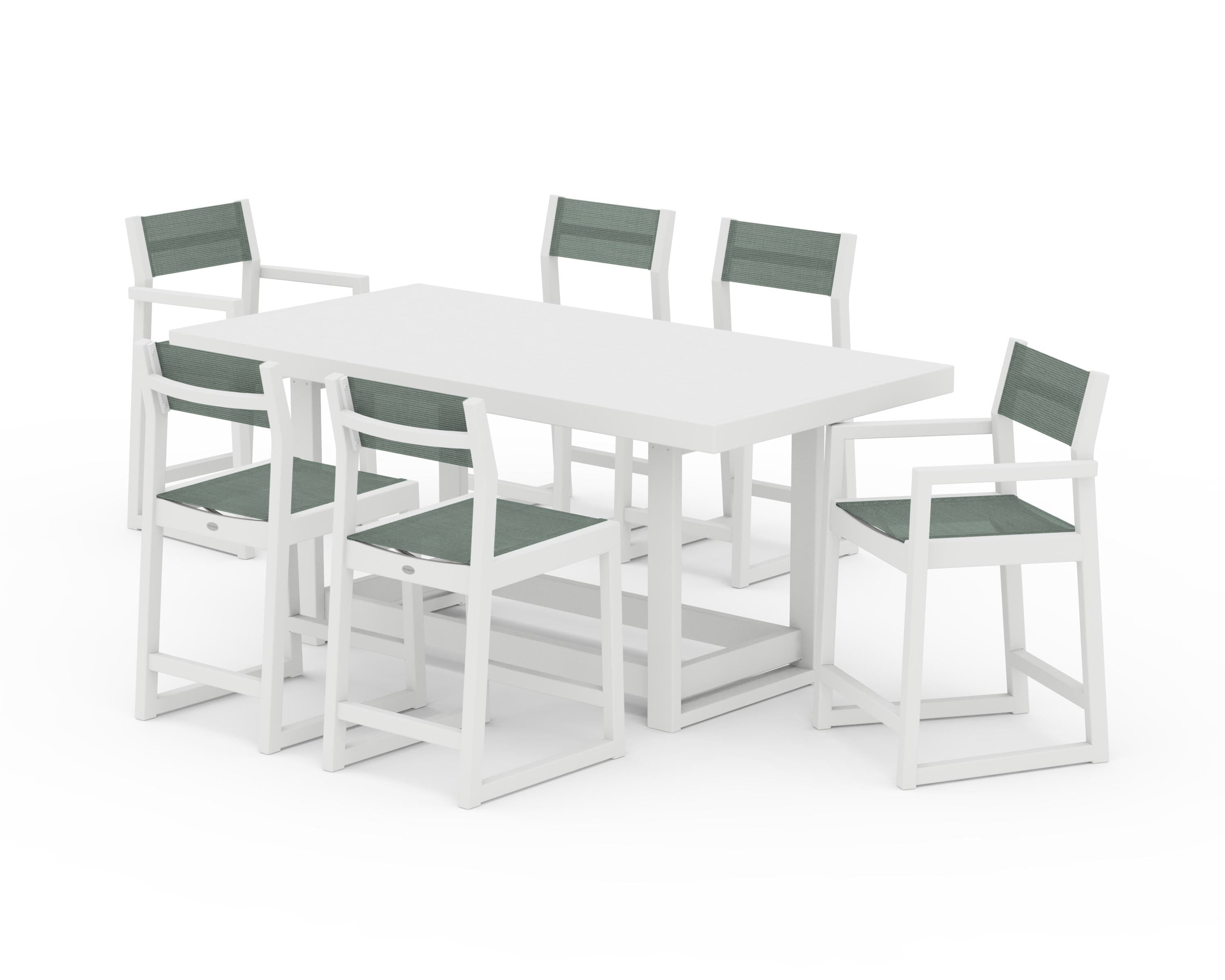 POLYWOOD® EDGE Sling 7-Piece Counter Table Set in White / Dupioni Sea Mist Sling