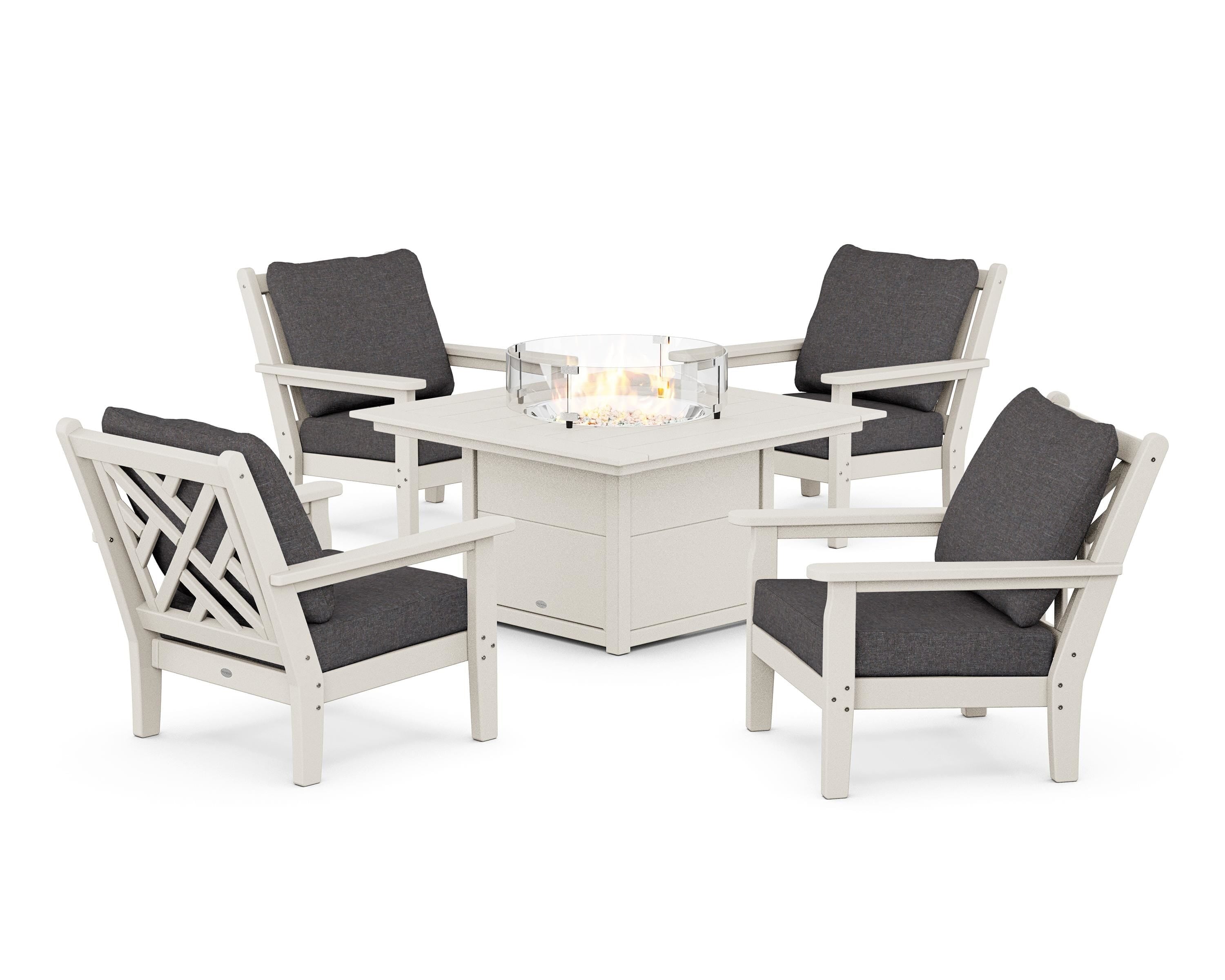POLYWOOD® Chippendale 5-Piece Deep Seating Set with Fire Pit Table in Sand / Ash Charcoal