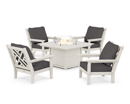 POLYWOOD® Chippendale 5-Piece Deep Seating Set with Fire Pit Table in Sand / Ash Charcoal