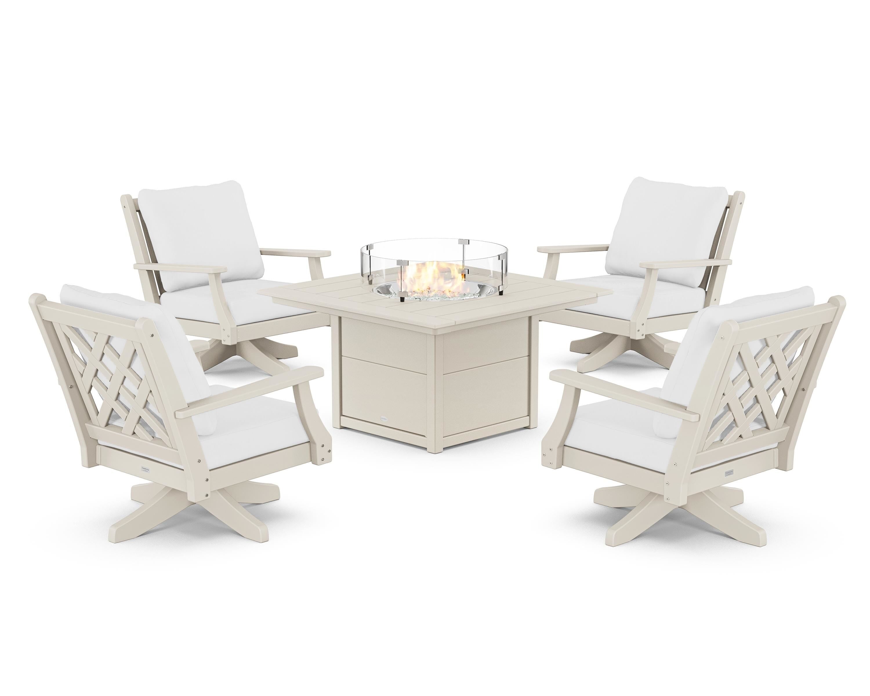 Country Living Wovendale 5-Piece Deep Seating Swivel Conversation Set with Fire Pit Table in Sand / Natural