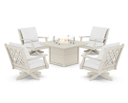 Country Living Wovendale 5-Piece Deep Seating Swivel Conversation Set with Fire Pit Table in Sand / Natural