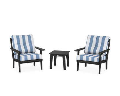 POLYWOOD® Mission 3-Piece Deep Seating Set in Black / Cabana Stripe Sky Blue