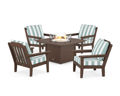 Country Living Cottage 5-Piece Deep Seating Set with Fire Pit Table in Mahogany / Cabana Stripe Glacier Spa
