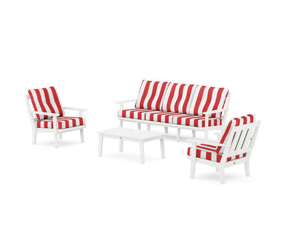 POLYWOOD® Oxford 4-Piece Deep Seating Set with Sofa in White / Cabana Stripe Crimson