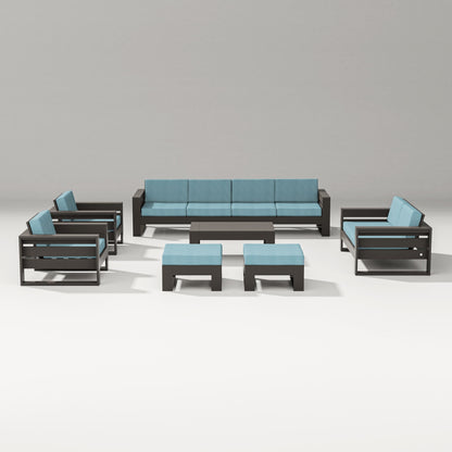 PW Designer Series Latitude 8-Piece Lounge Sofa Set in Vintage Coffee / Lattice Sky Blue