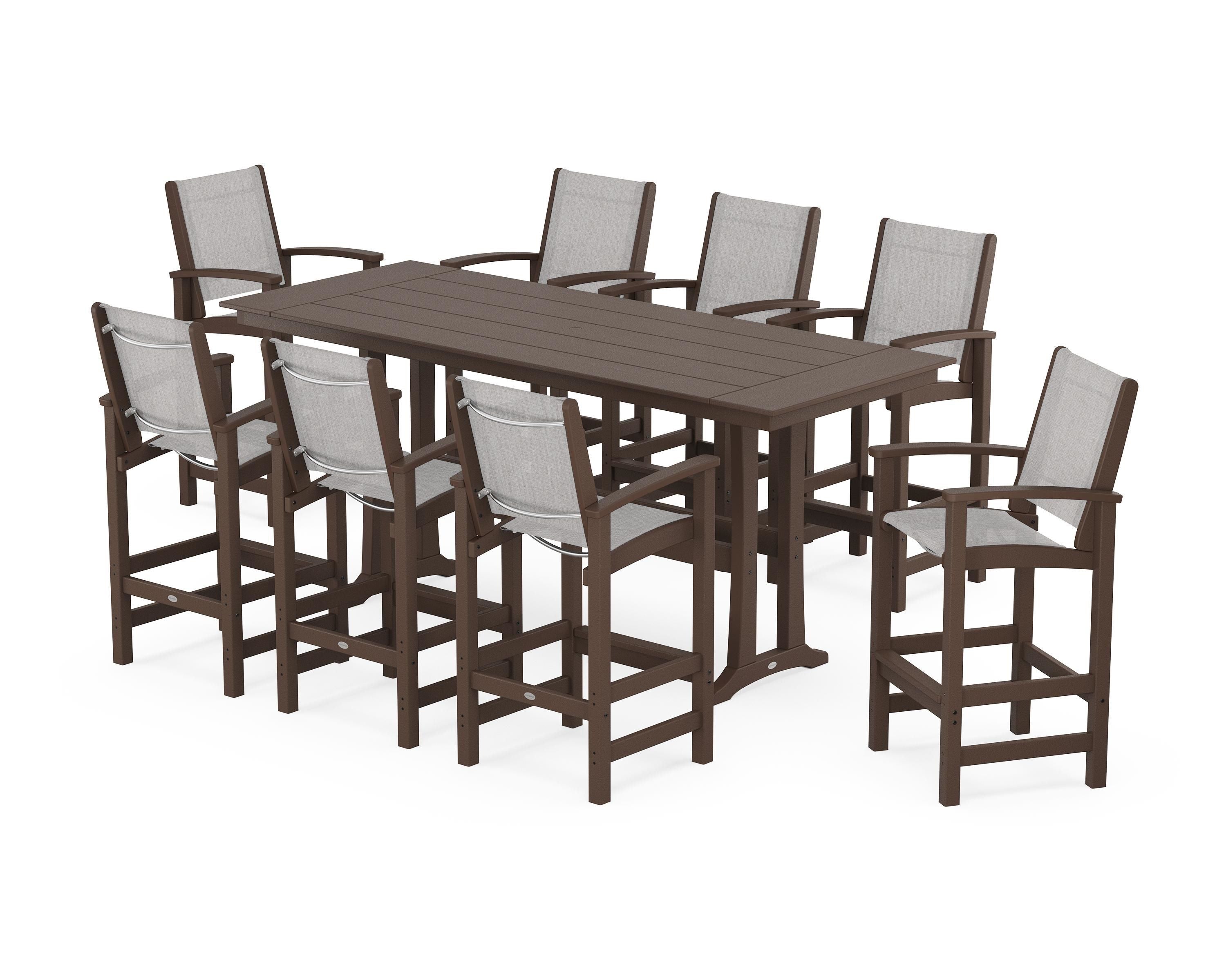POLYWOOD® Coastal 9-Piece Farmhouse Bar Set with Trestle Legs in Mahogany / Parchment Sling