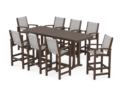 POLYWOOD® Coastal 9-Piece Farmhouse Bar Set with Trestle Legs in Mahogany / Parchment Sling
