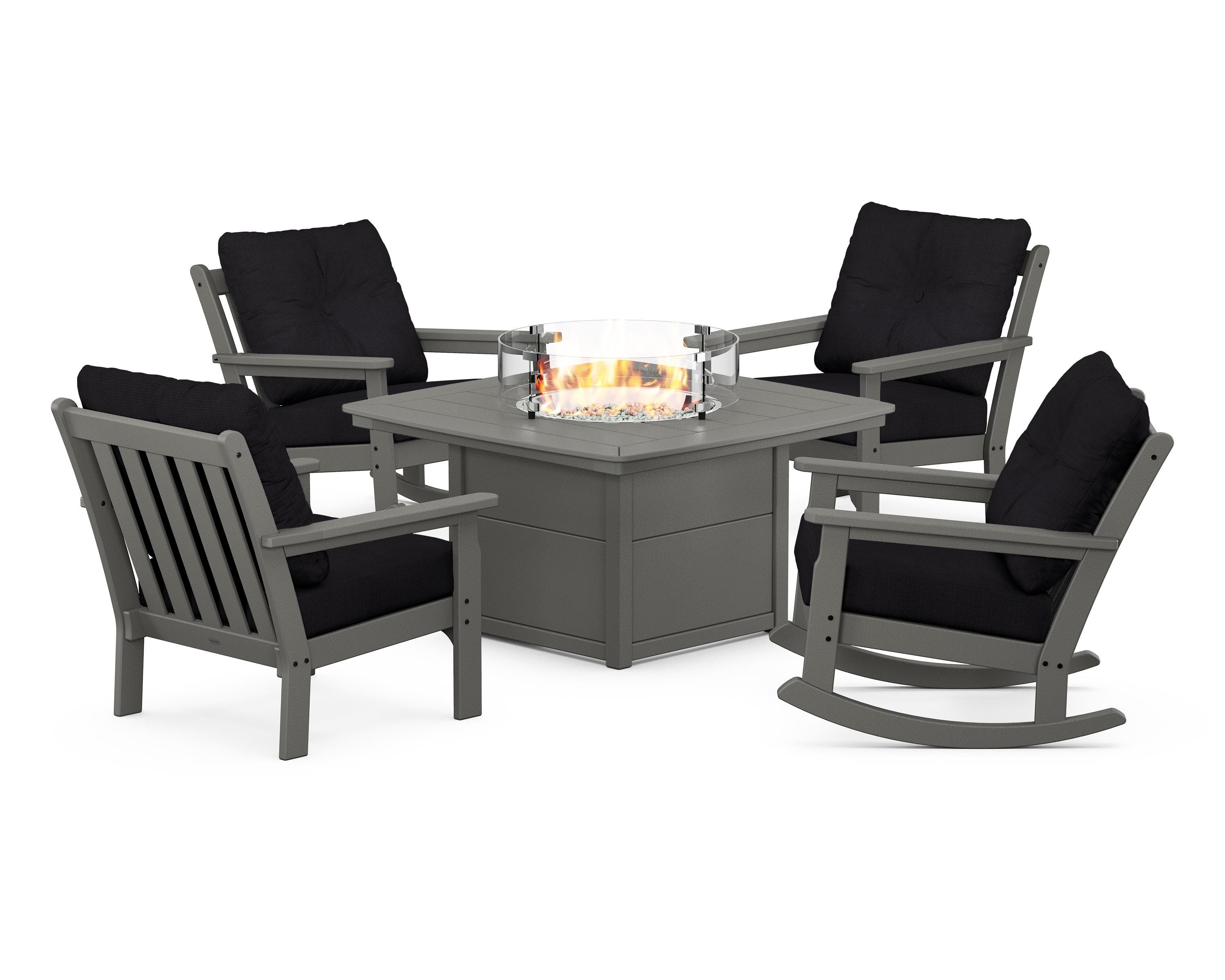 POLYWOOD® Vineyard 5-Piece Deep Seating Rocking Chair Conversation Set with Fire Pit Table in Slate Grey / Midnight Linen